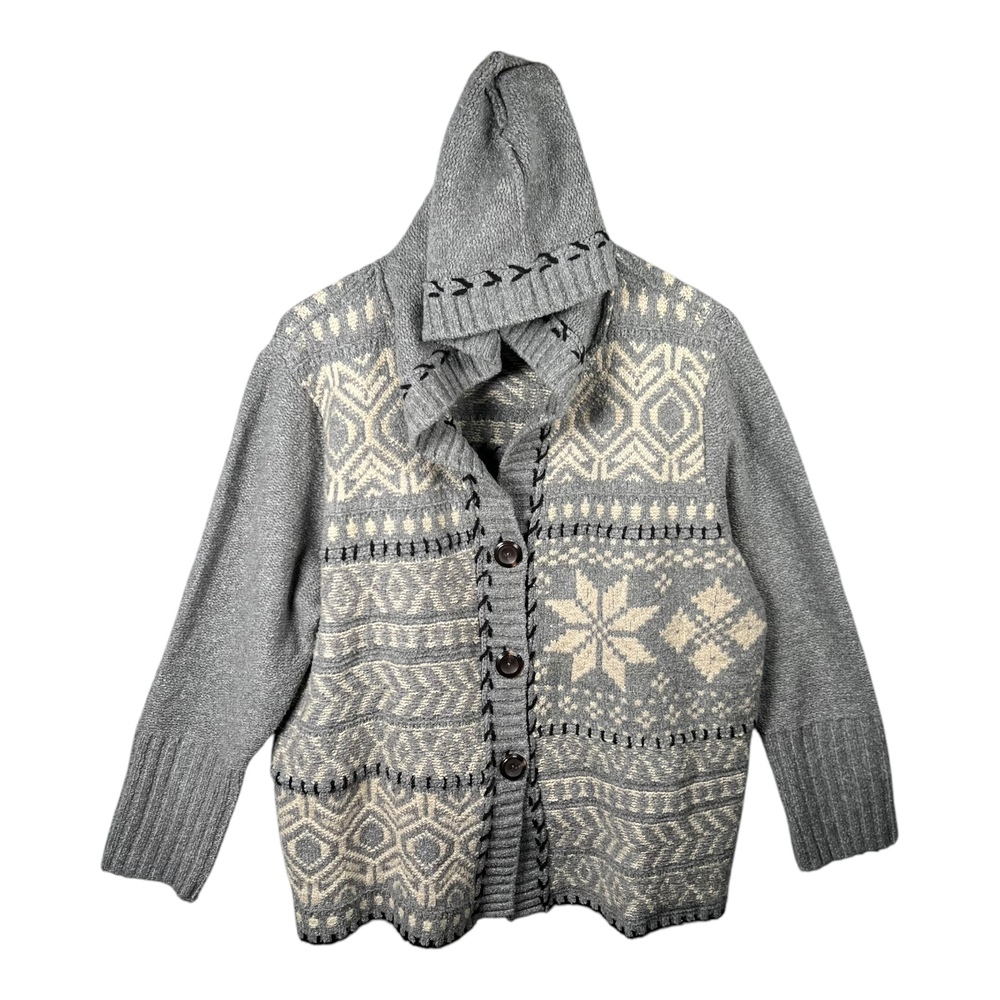 J.Jill Fair Isle Hooded Cardigan Sweater Womens XL Button Front Hand Embroidery‎